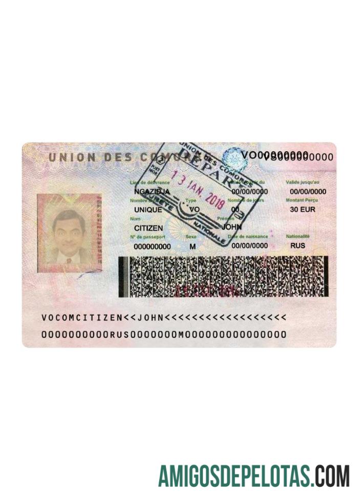 Visto de viagem Union Des Comores exemplo